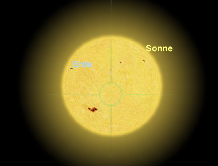 Der Erdtransit oben links von Saturn aus gesehen - erstellt mit Redshift